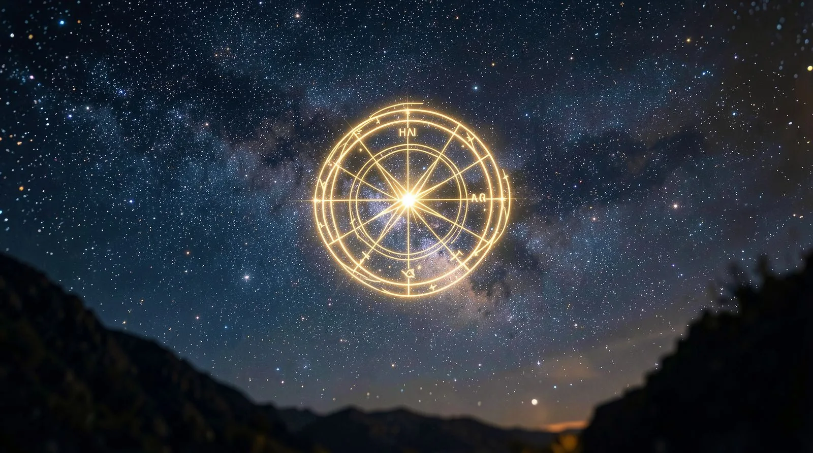 Dramatic full-bleed view of a star-filled night sky with a glowing golden zodiac wheel floating in the cosmos