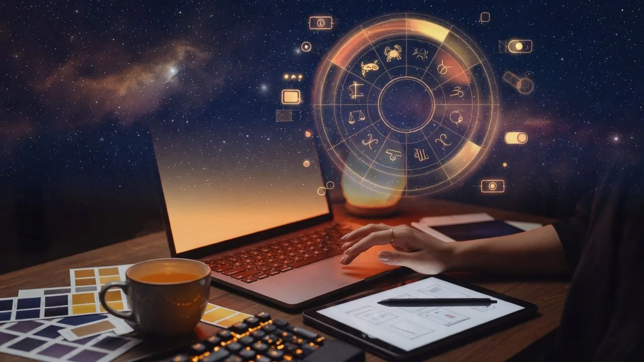 Starry night sky with a glowing zodiac wheel
