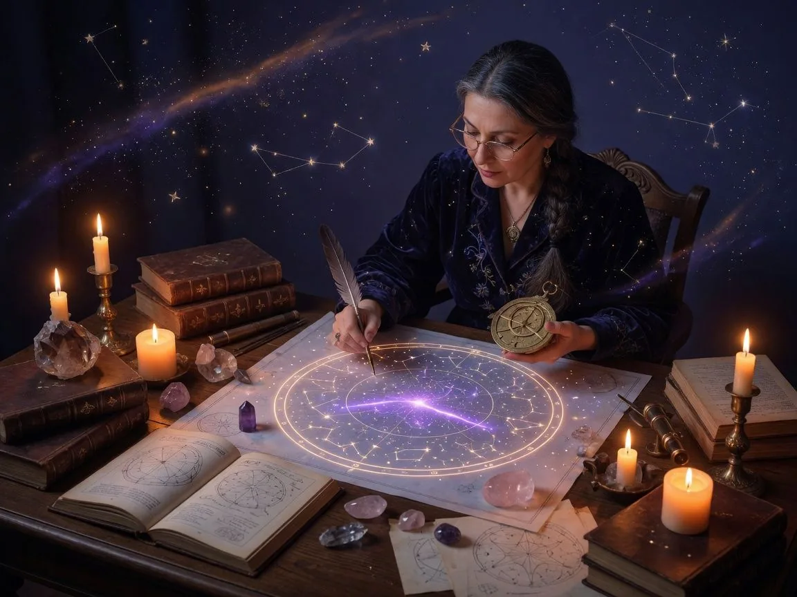 Expert astrologer seated at a wooden desk surrounded by ancient books, crystals, and a glowing star map under soft candlelight